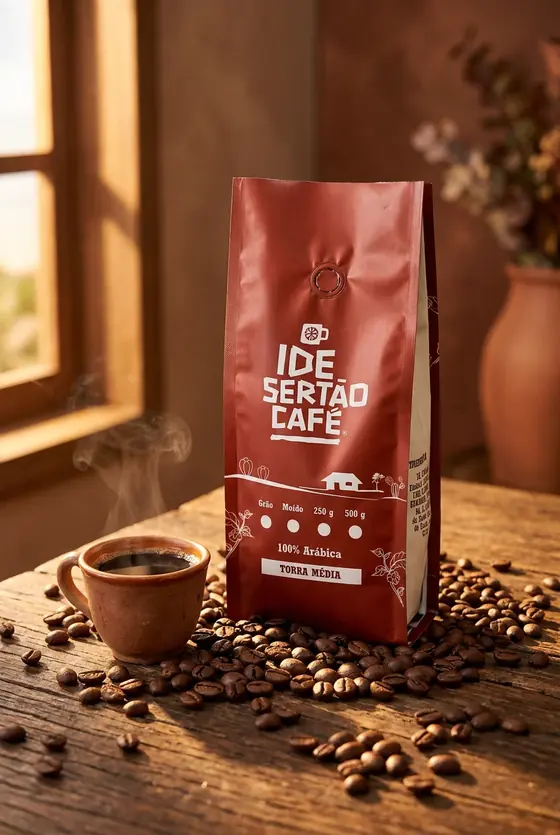 Pacote do Ide Sertão Café sobre mesa de madeira com grãos e uma xícara de café